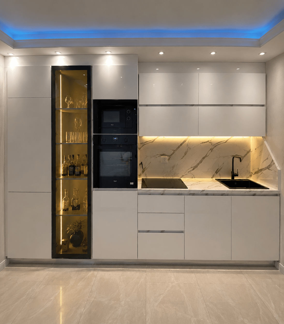 8ea5b35c-9068-4069-89b0-9e22828869b0 Modern Minimal White Kitchen with Marble Accents - Figura 1