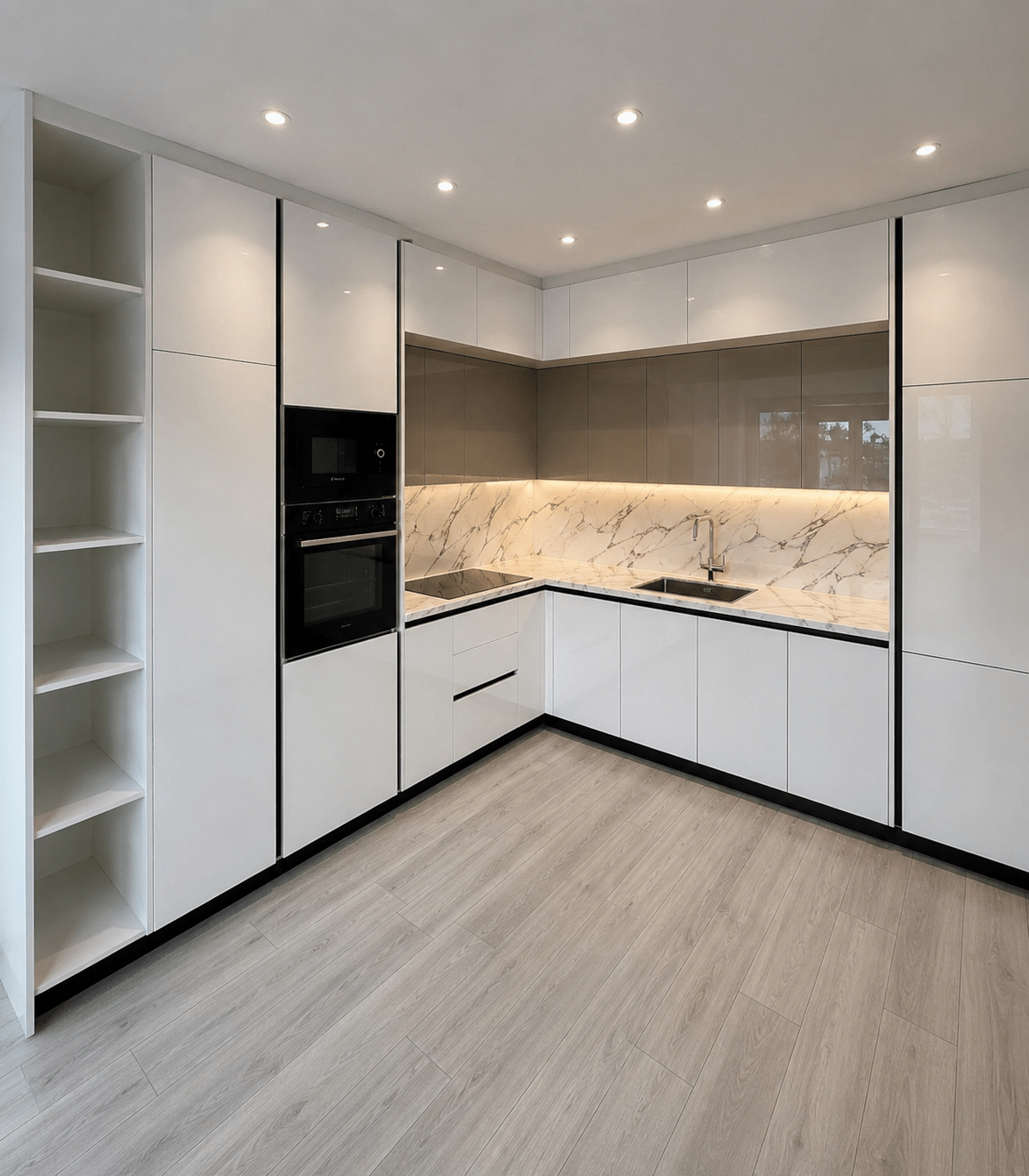 c82fb619-a3fd-40fd-9133-8e8e82ed2dbf Modern White L-Shaped Kitchen with Marble Glow - Figura 1