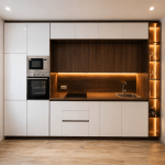 Modern Wood & White Kitchen with Warm Ambient Lighting