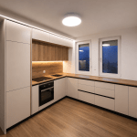 Modern L-Shaped Kitchen with Wood & White Finish
