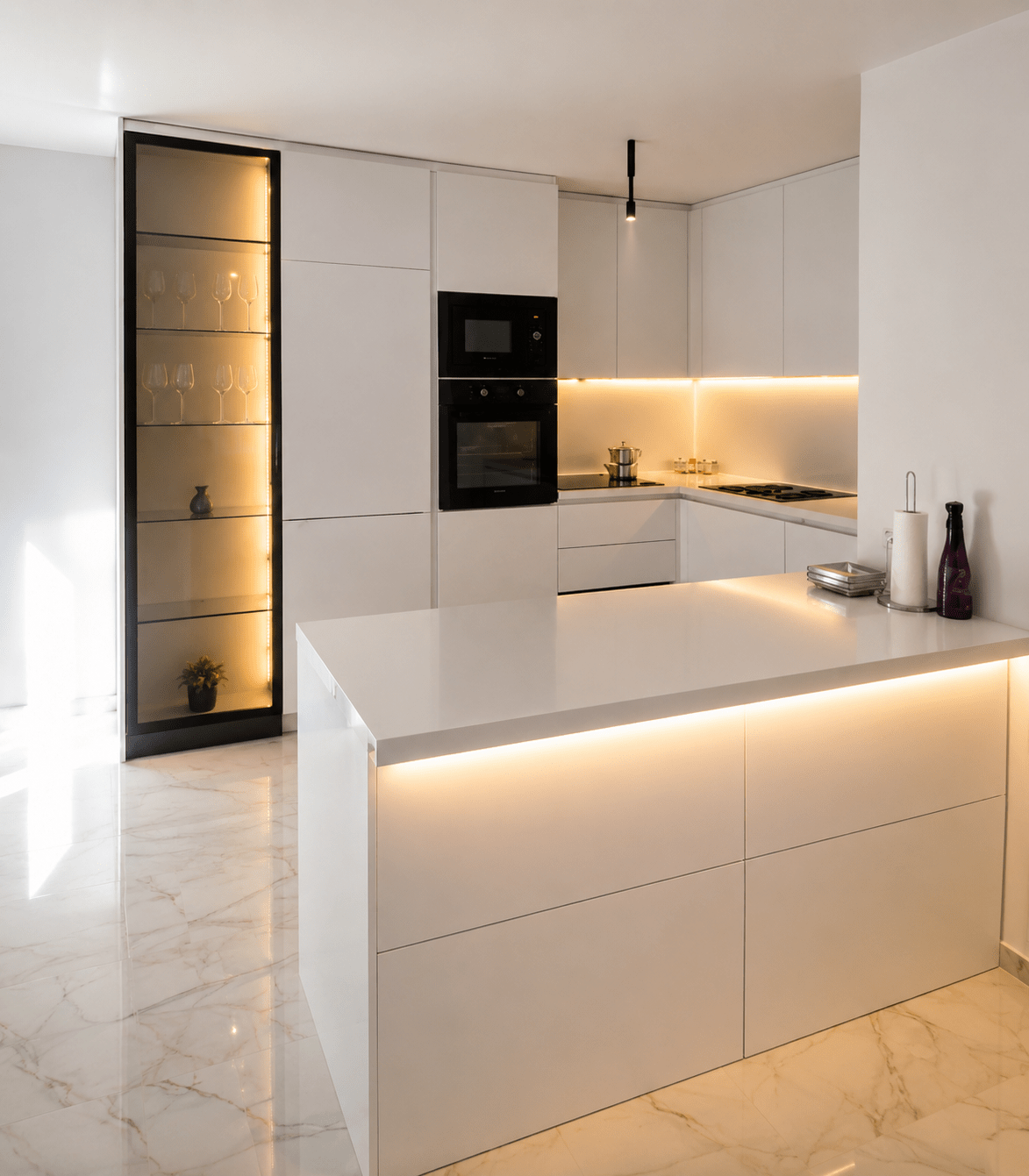 c8b97140-5637-4567-9624-46d9b3e9a0bb Modern White Kitchen with Illuminated Island Design - Figura 1